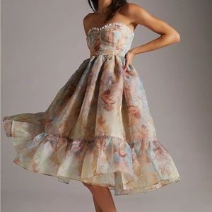 Selkie Corset Puff Midi Strapless Dress in Mucha